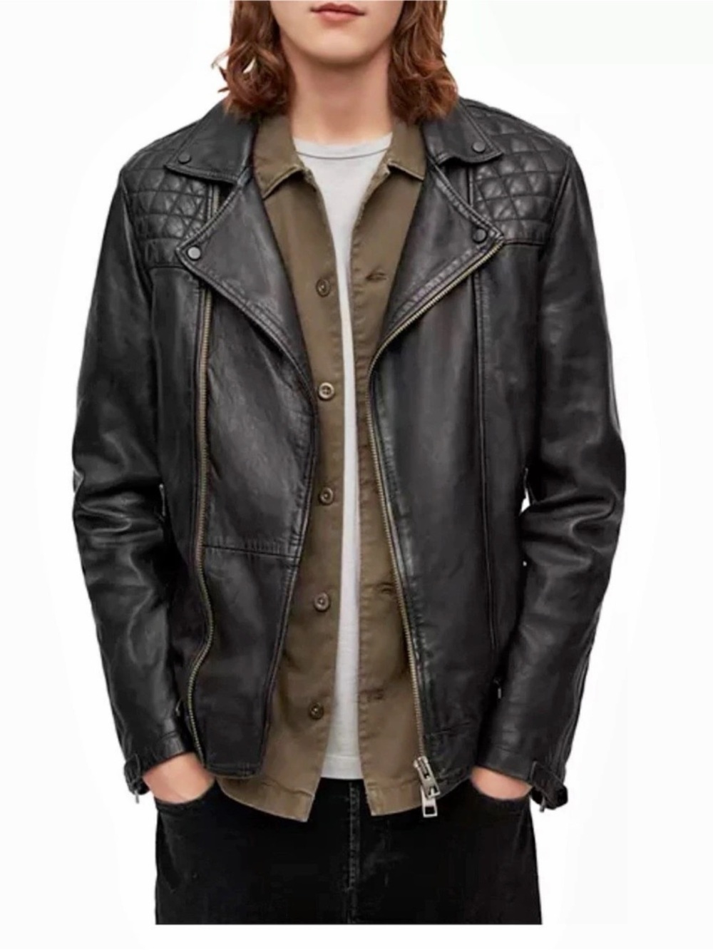 AllSaints Conroy Leather Biker Jacket Large Black